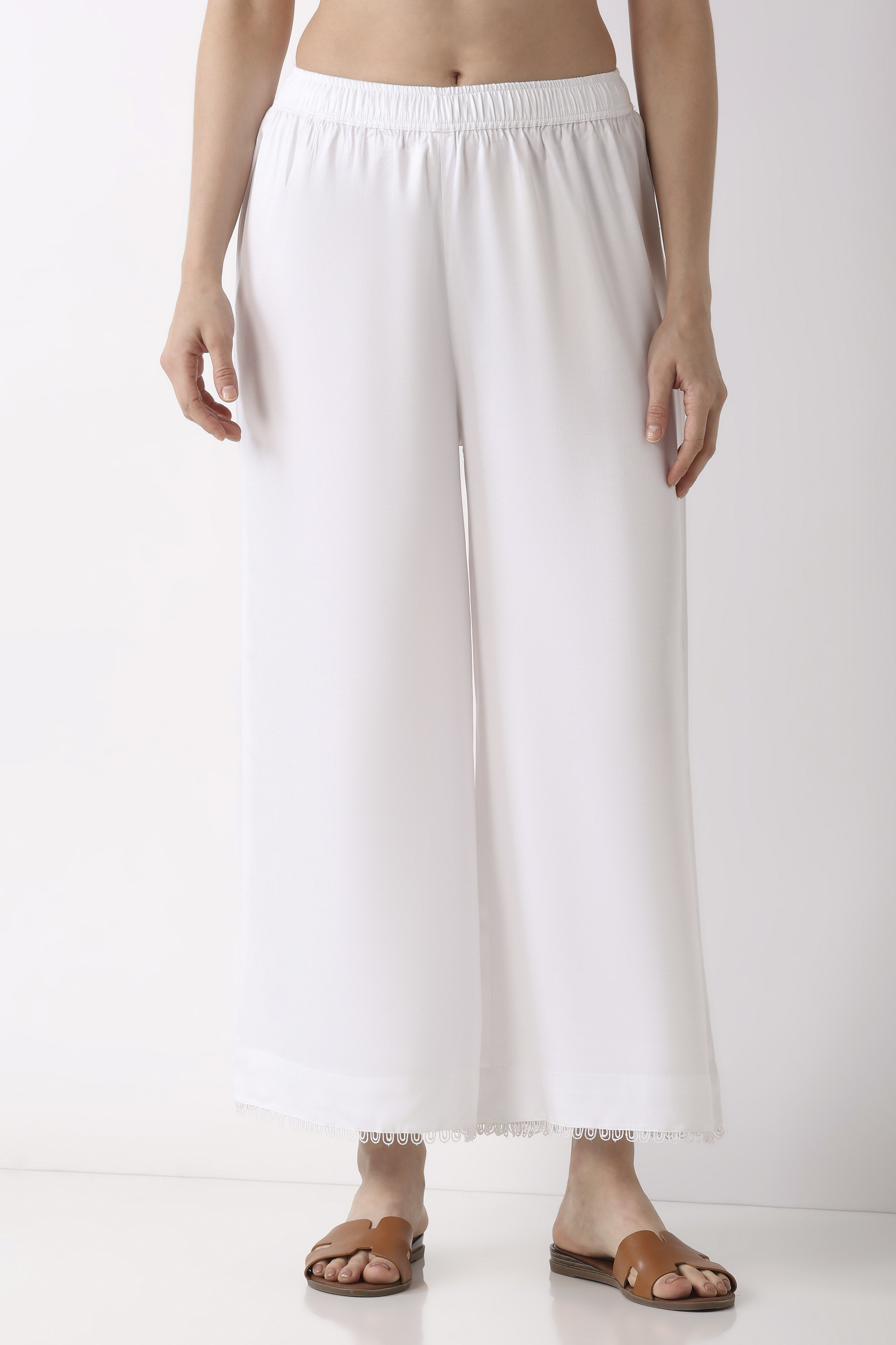 White Viscose Rayon Flared Palazzos image number 4