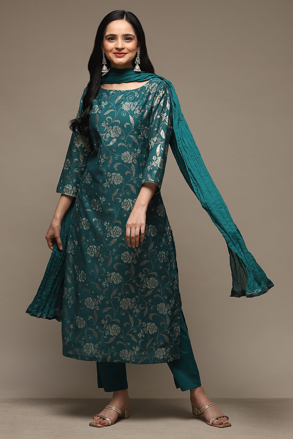 Peacock Green Cotton Blend Straight Kurta Pants Suit Set image number 7