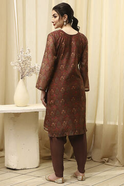 Brown Chanderi Printed Embroidered Unstitched Suit Set image number 5