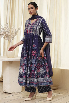 Indigo Cotton Floral Anarkali Suit Set image number 3