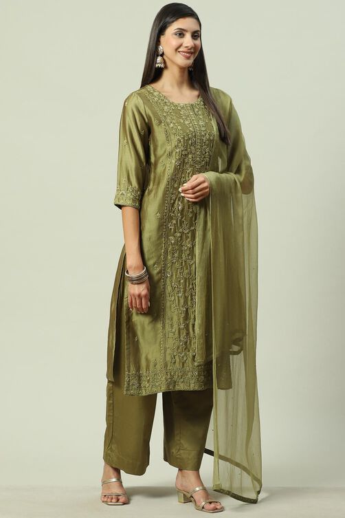 Mehandi Viscose Blend Straight Suit set image number 5