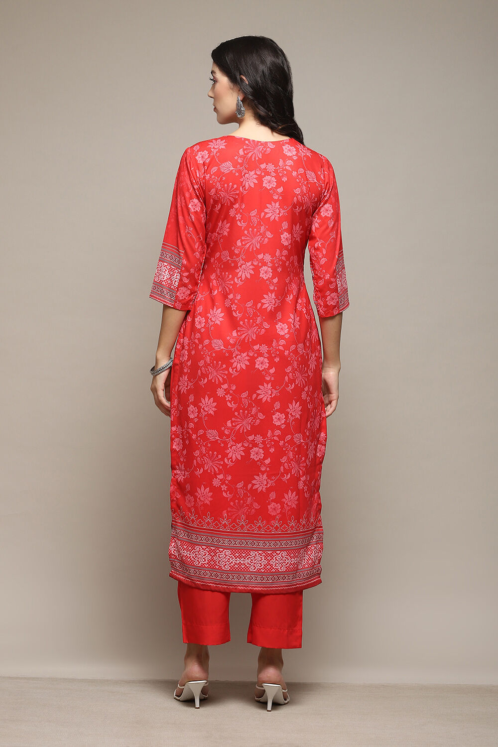 Red Silk Blend Digital Print Unstitched Suit Set image number 6