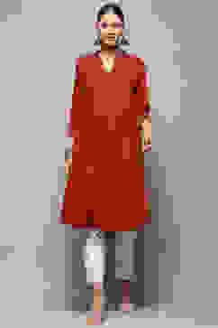 Rust Solid Regular Fit Straight Kurta image number 6