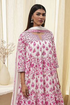 Off-White and Pink Cotton Floral Tiered Suit Set image number 1