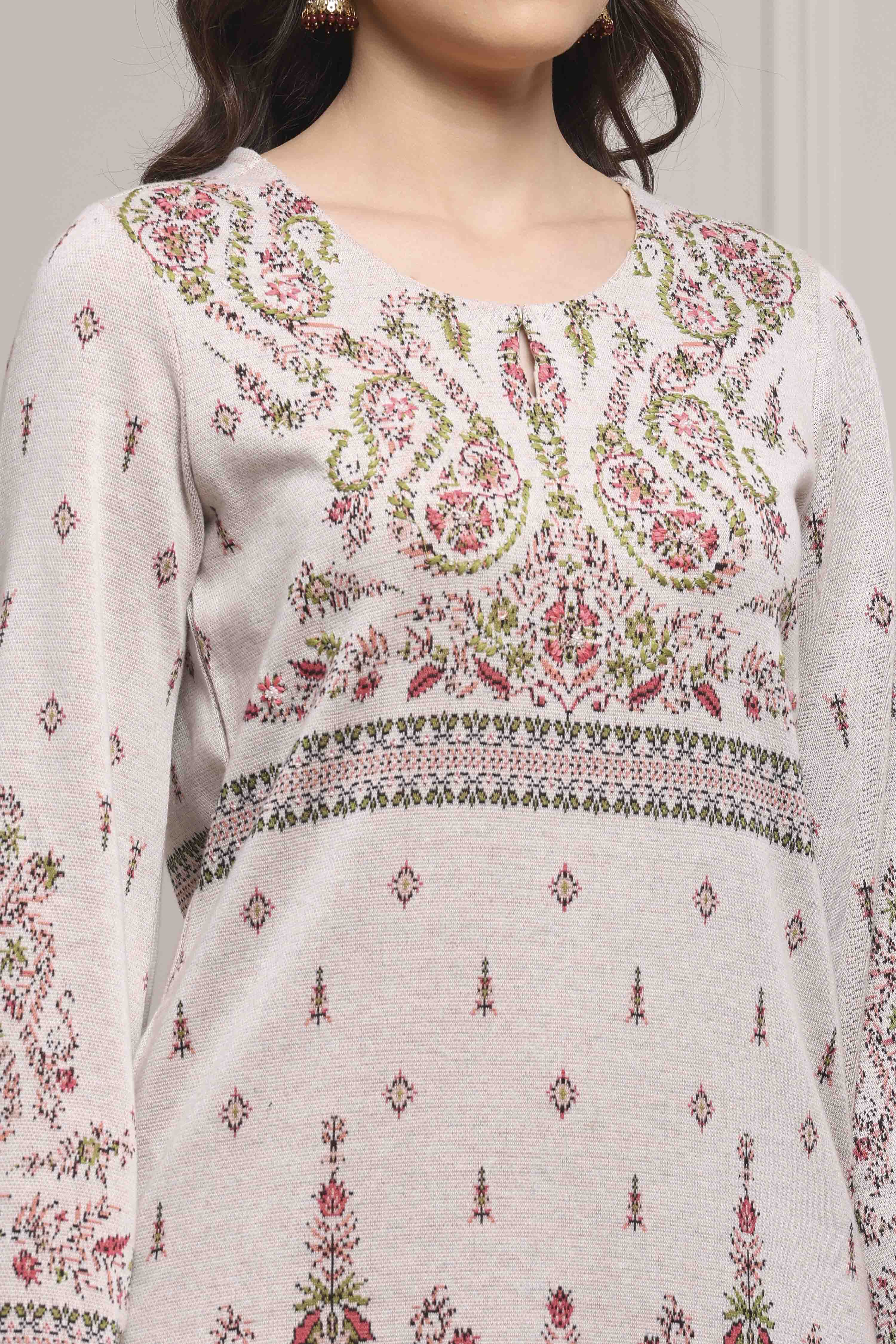 Ivory Printed Straight Winter Suit Set image number 1