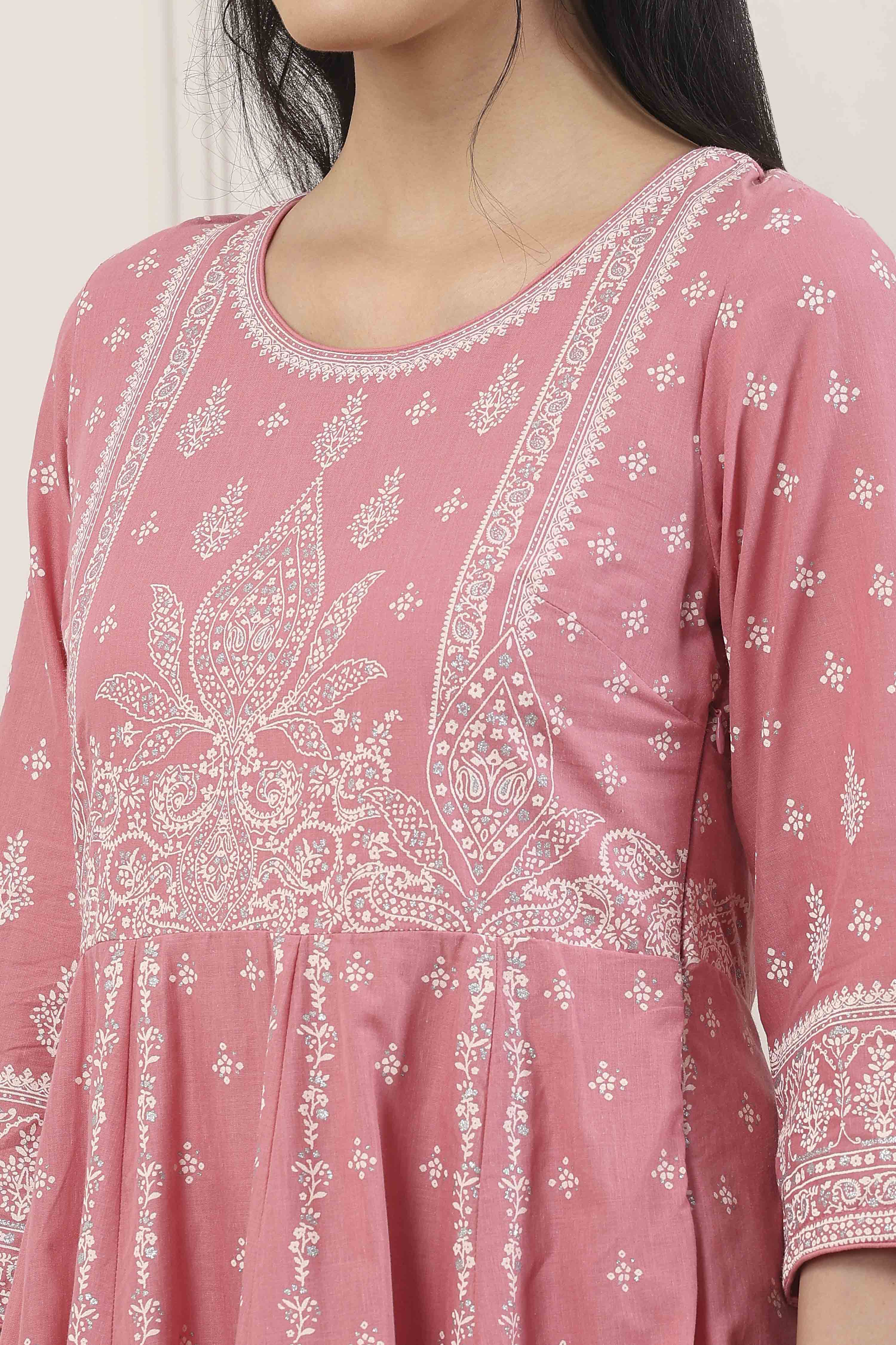 Pink Cotton Ethnic Motif Printed Anarkali Suit Set image number 1