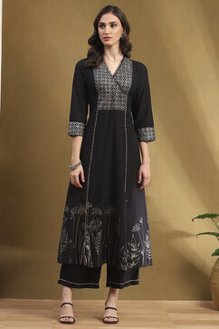 Black Cotton Printed Festive A-Line Suit Set image number 6
