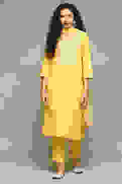 Yellow Rayon Straight Kurta Pants Suit Set image number 7