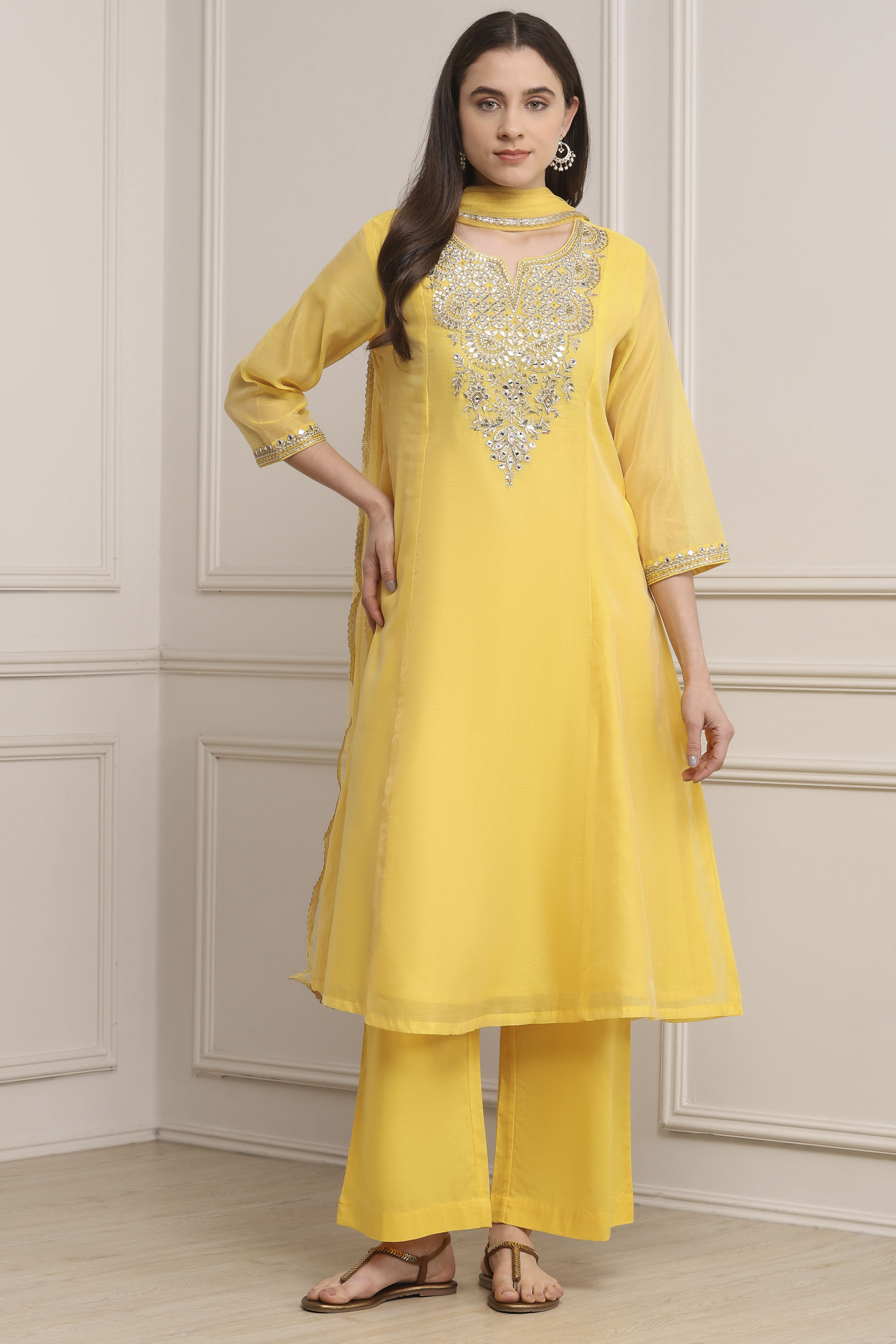 Yellow Poly Chanderi Straight Suit Set image number 0