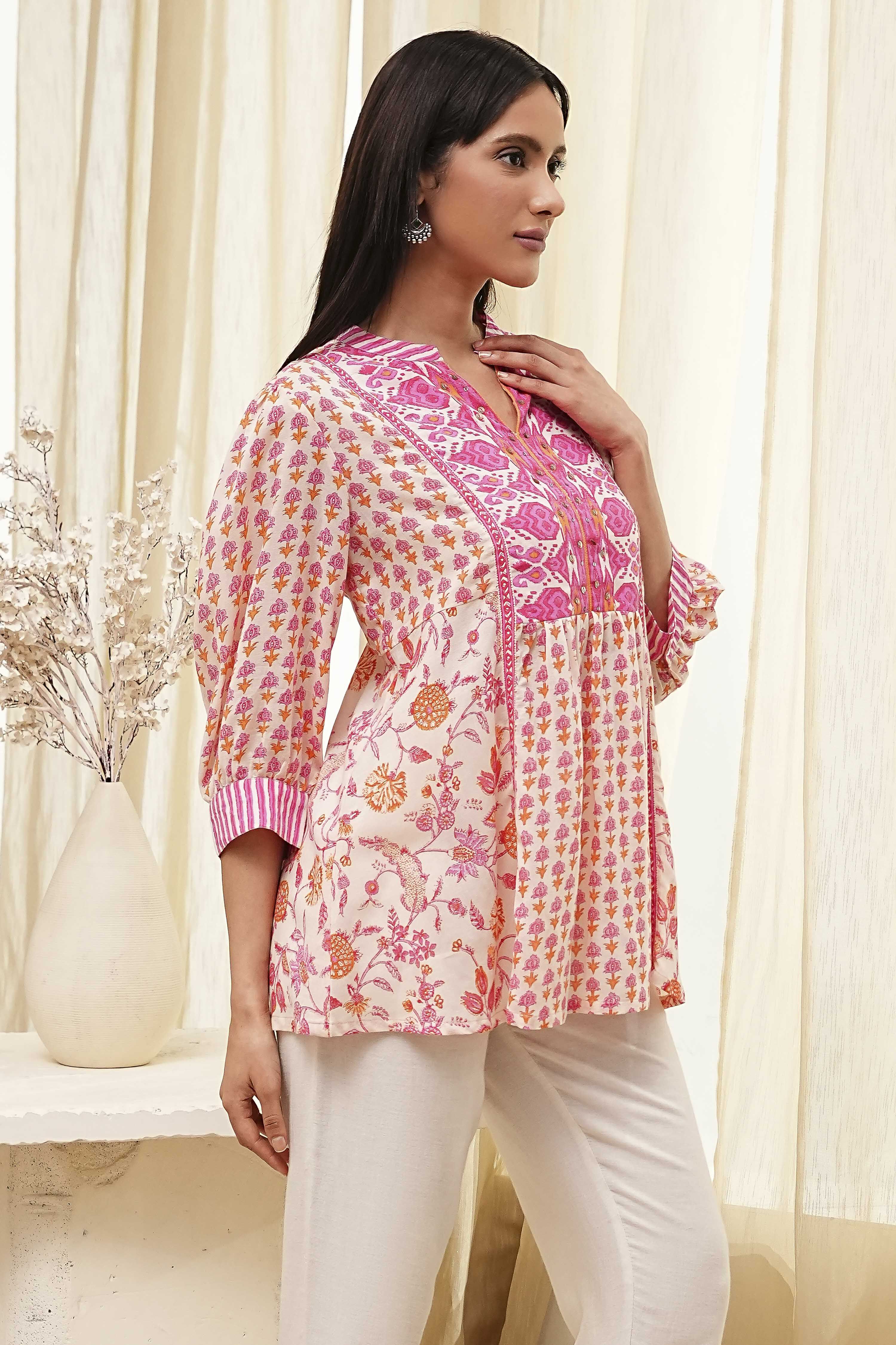 Pink Cotton Printed A-line Short Kurta image number 4