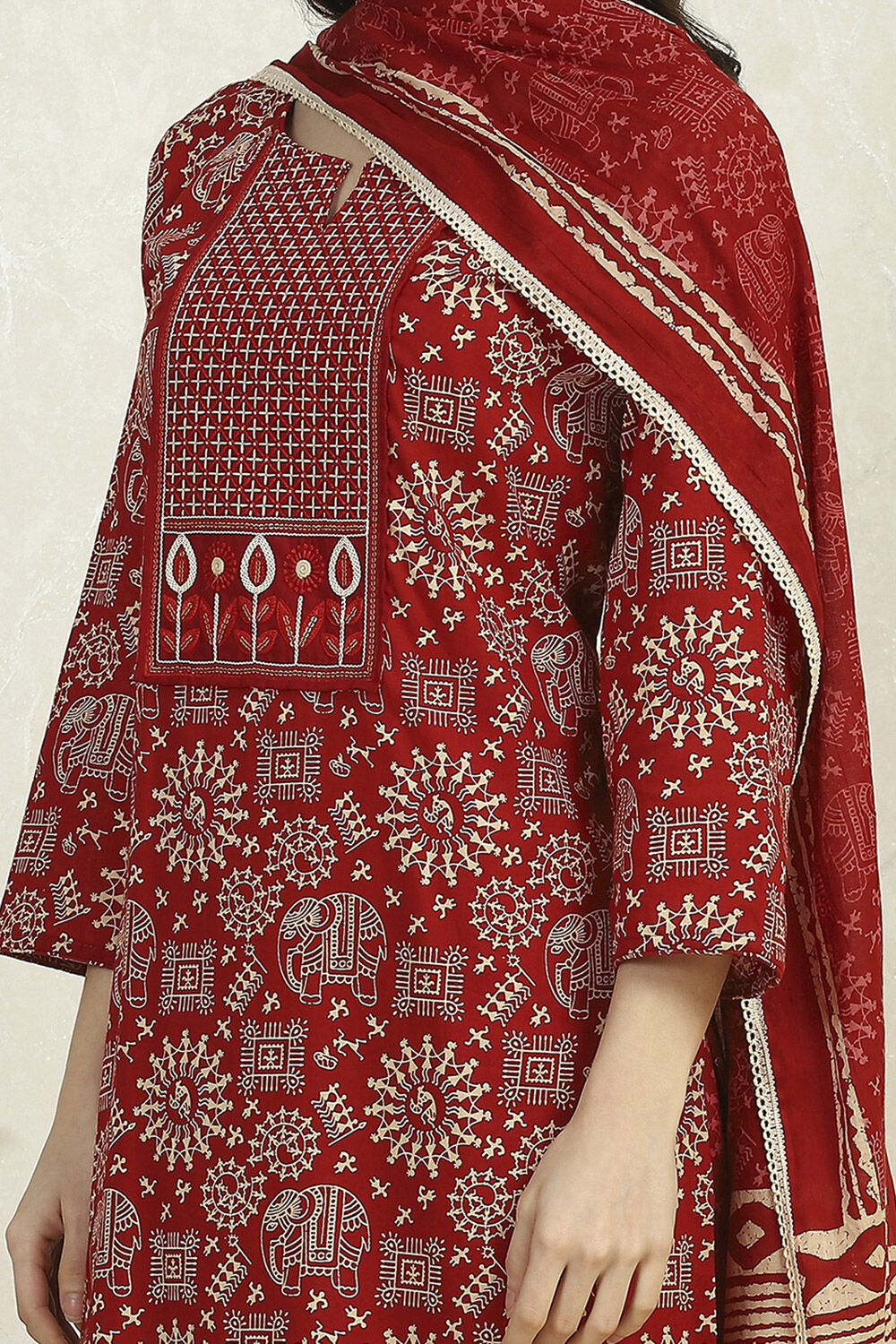 Red Cotton Printed Embroidered Unstitched Suit Set image number 2
