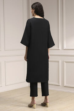 Black Textured Straight Kurta Pants Set image number 4