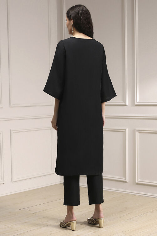 Black Textured Straight Kurta Pants Set image number 4