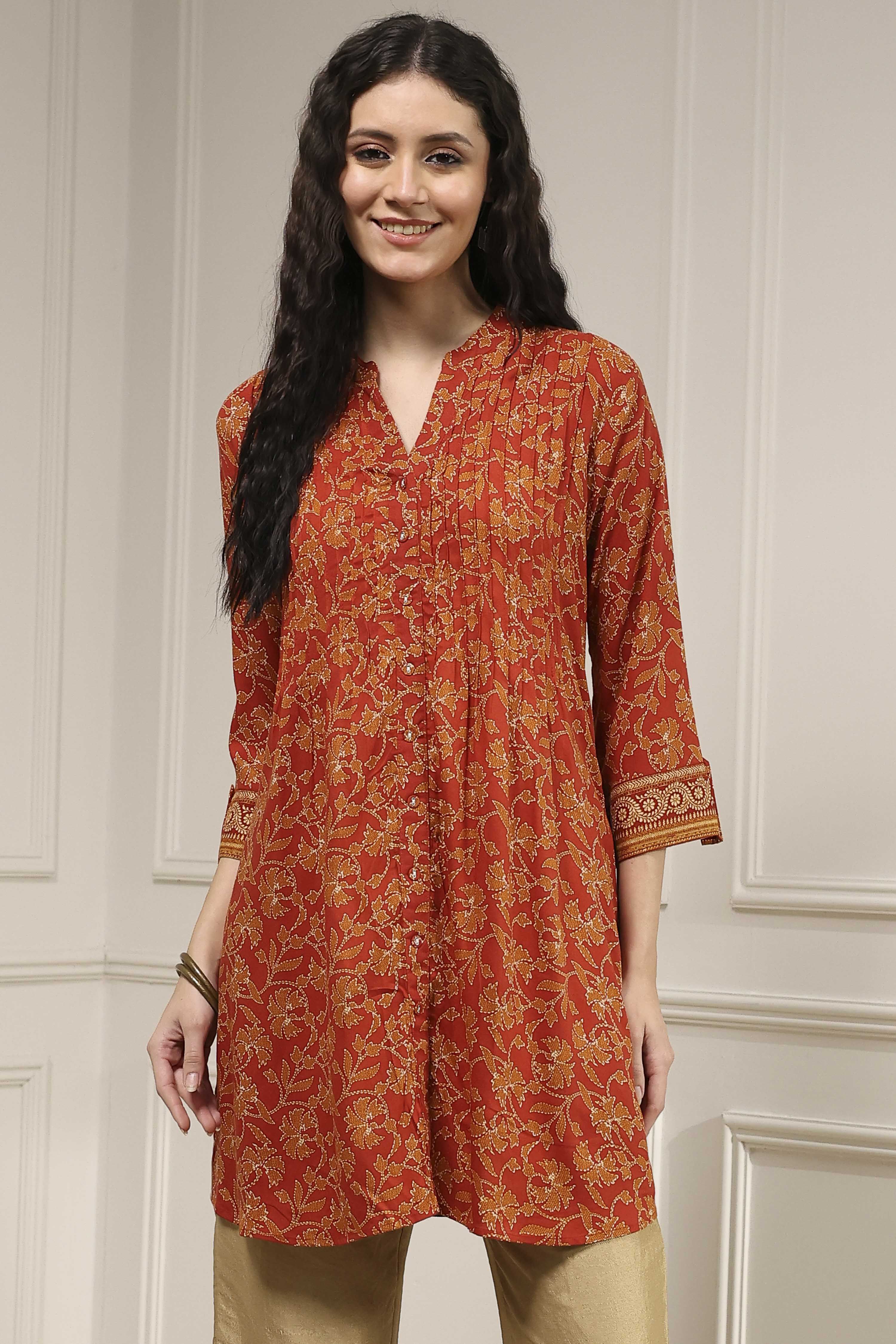 Rust Viscose Rayon Relaxed Printed Shirt image number 5