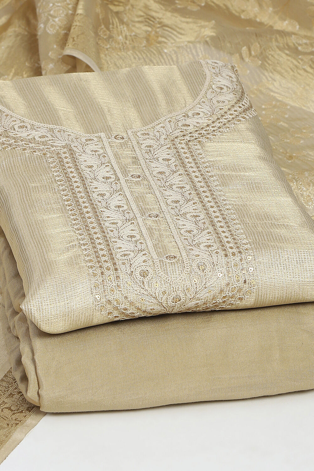 Beige Cotton Machine Embroidered Unstitched Suit Set image number 5