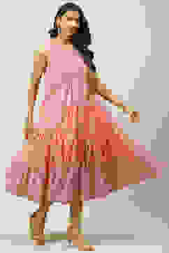 Pink Cotton Flared Fusion Printed Dress image number 3