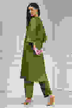Olive Green Dyed Straight Kurta Set image number 4