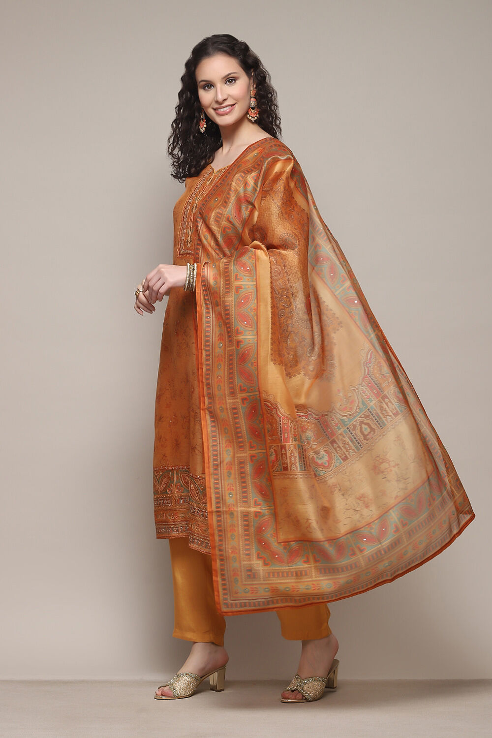 Mustard Chanderi Unstitched Suit Set image number 0