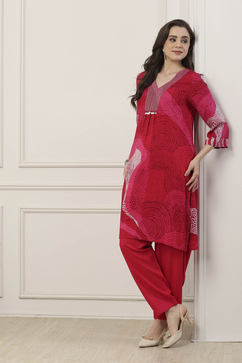 Pink Geometric Printed Straight Suit Set