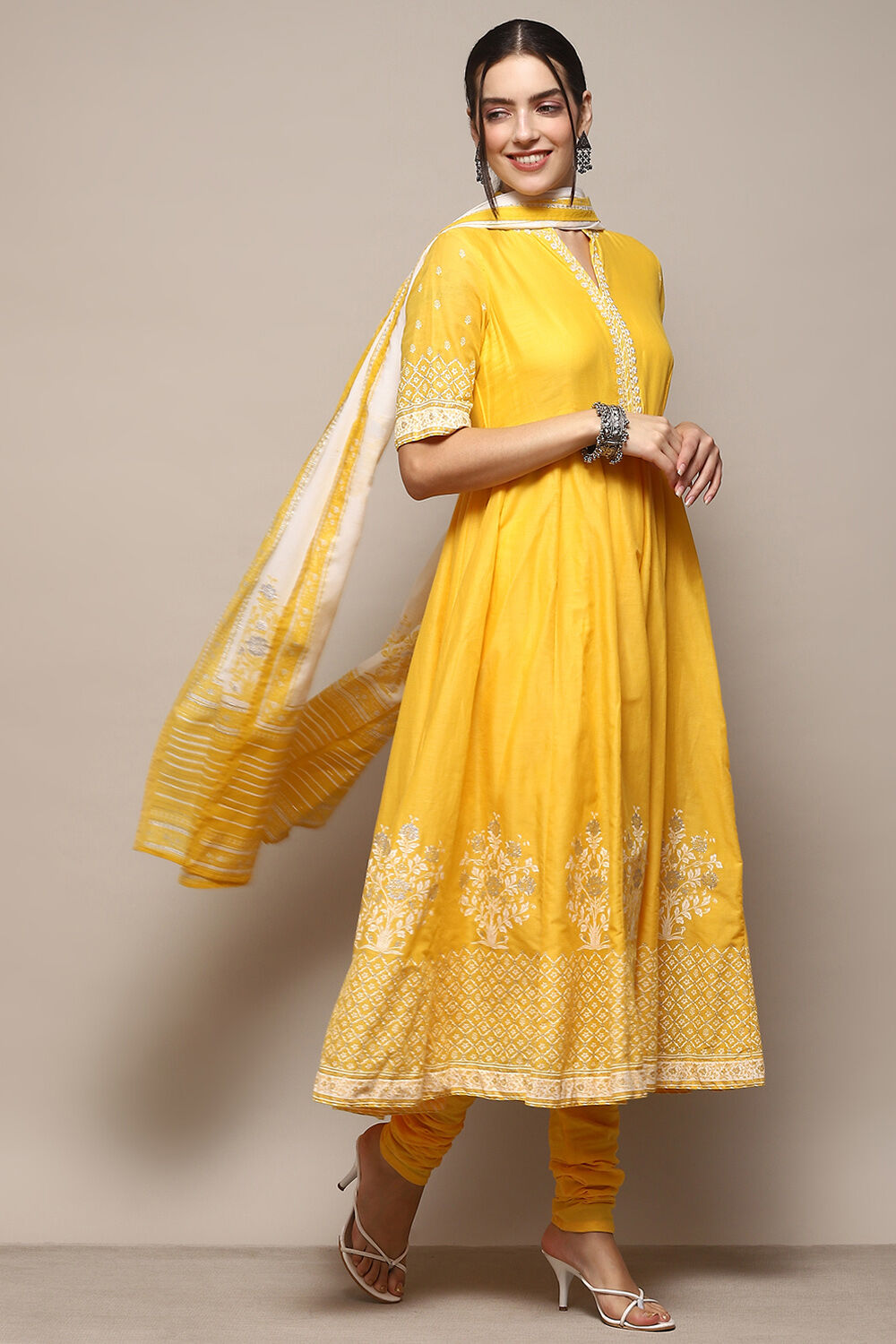 Black Cotton Anarkali Printed Kurta Churidar Suit Set image number 6