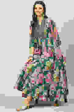 Teal Art Silk Flared Printed Dress image number 3