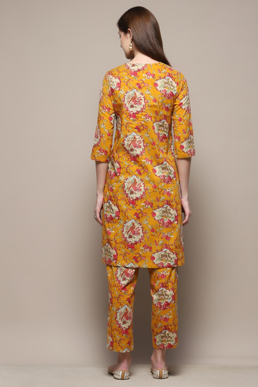 Mustard Cotton Straight Kurta Relaxed Pant Suit Set image number 4