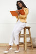 White Solid Cotton Blend Narrow Pants image number 0