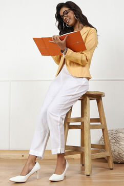 White Solid Cotton Blend Narrow Pants image number 0