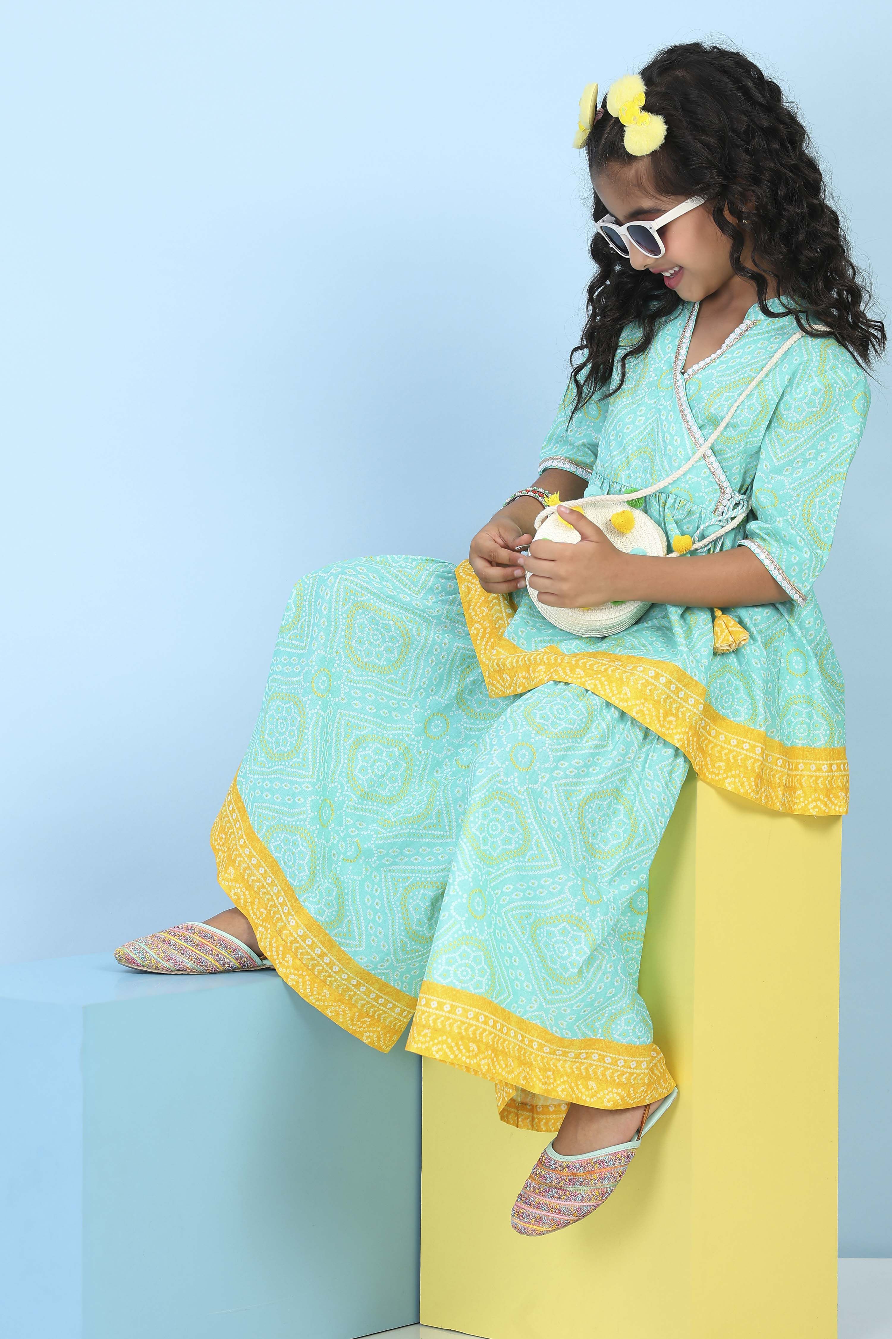 Mint Green Cotton Printed Gathered Suit Set image number 0