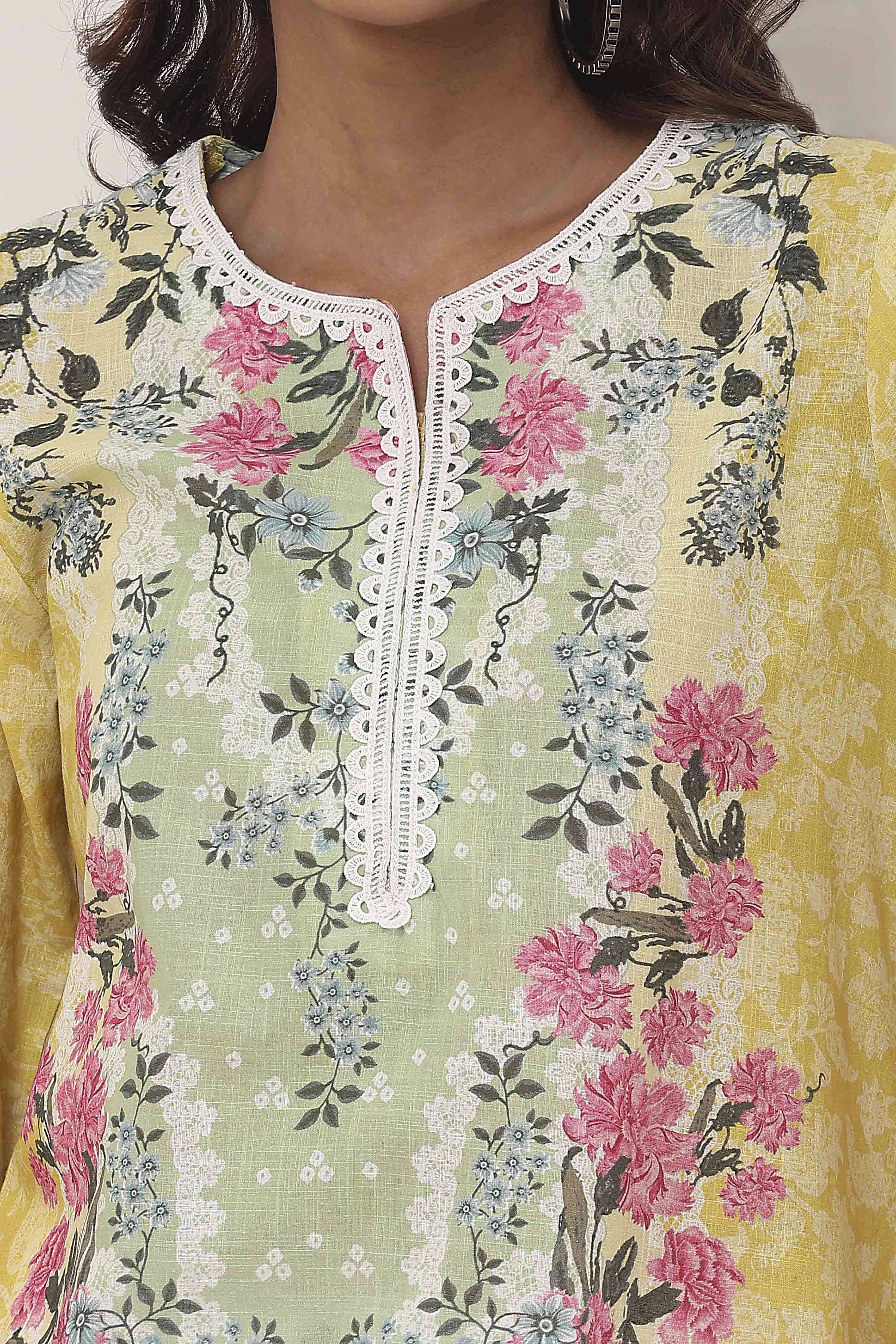 Yellow Cotton Printed Straight Short Kurta image number 1