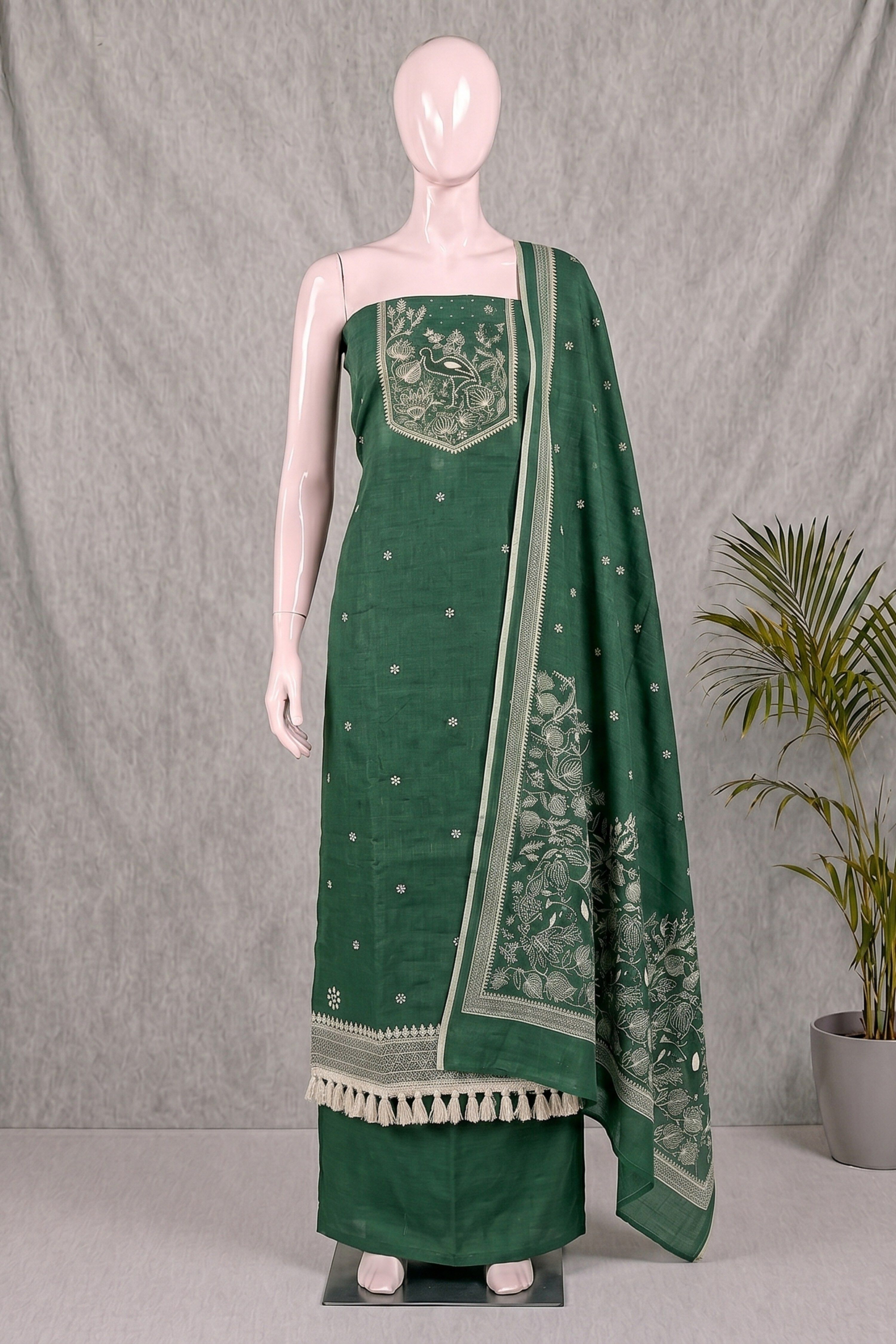 Green Linen Jamdani Unstitched Suit Set image number 4