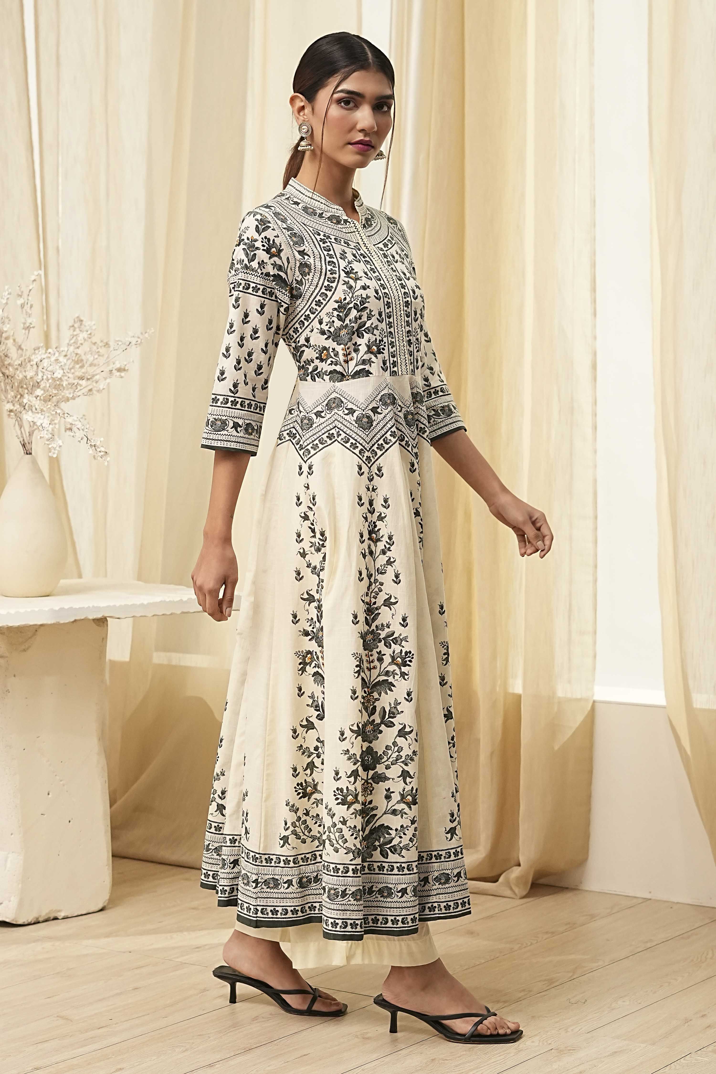 White and Black Cotton Printed Anarkali Kurta Set image number 5