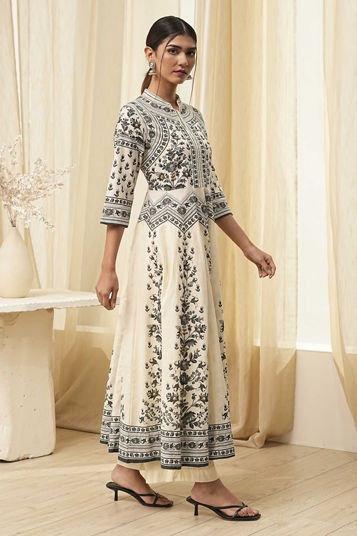 White and Black Cotton Printed Anarkali Kurta Set image number 5