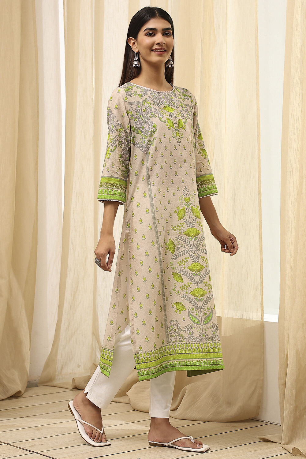Green Cotton Printed Straight Kurta image number 3