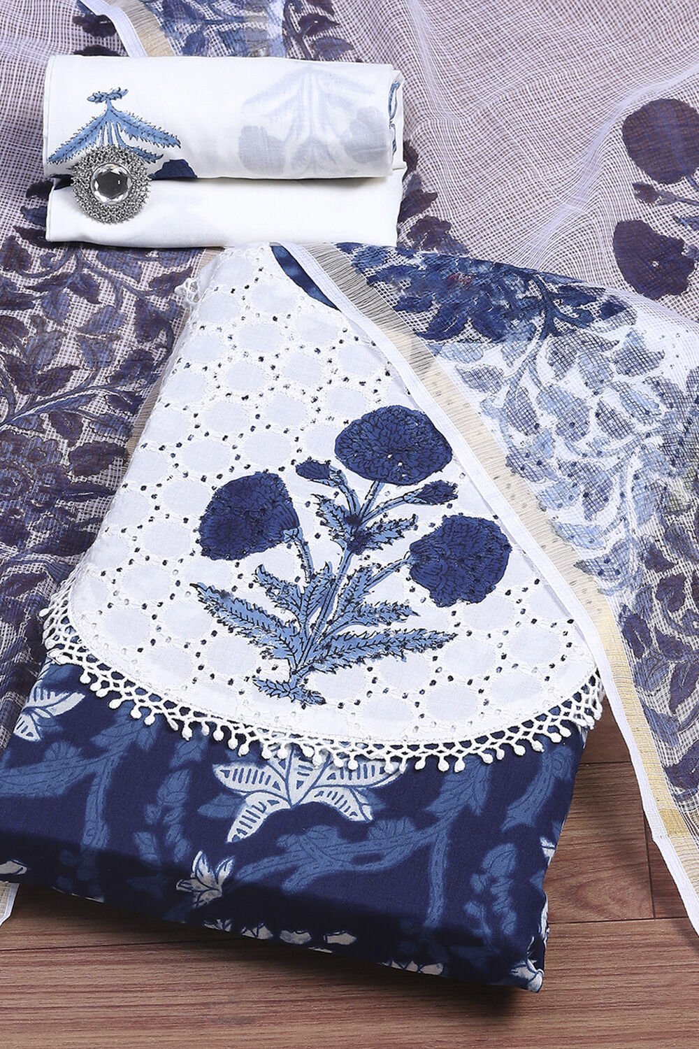 Blue Cotton Unstitched Suit Set image number 0