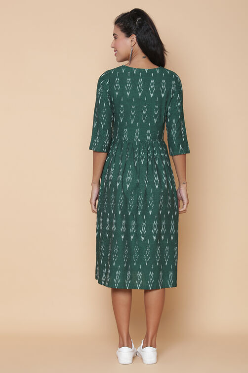 Green Cotton Ikkat Yarndyed Kurta Dress image number 5