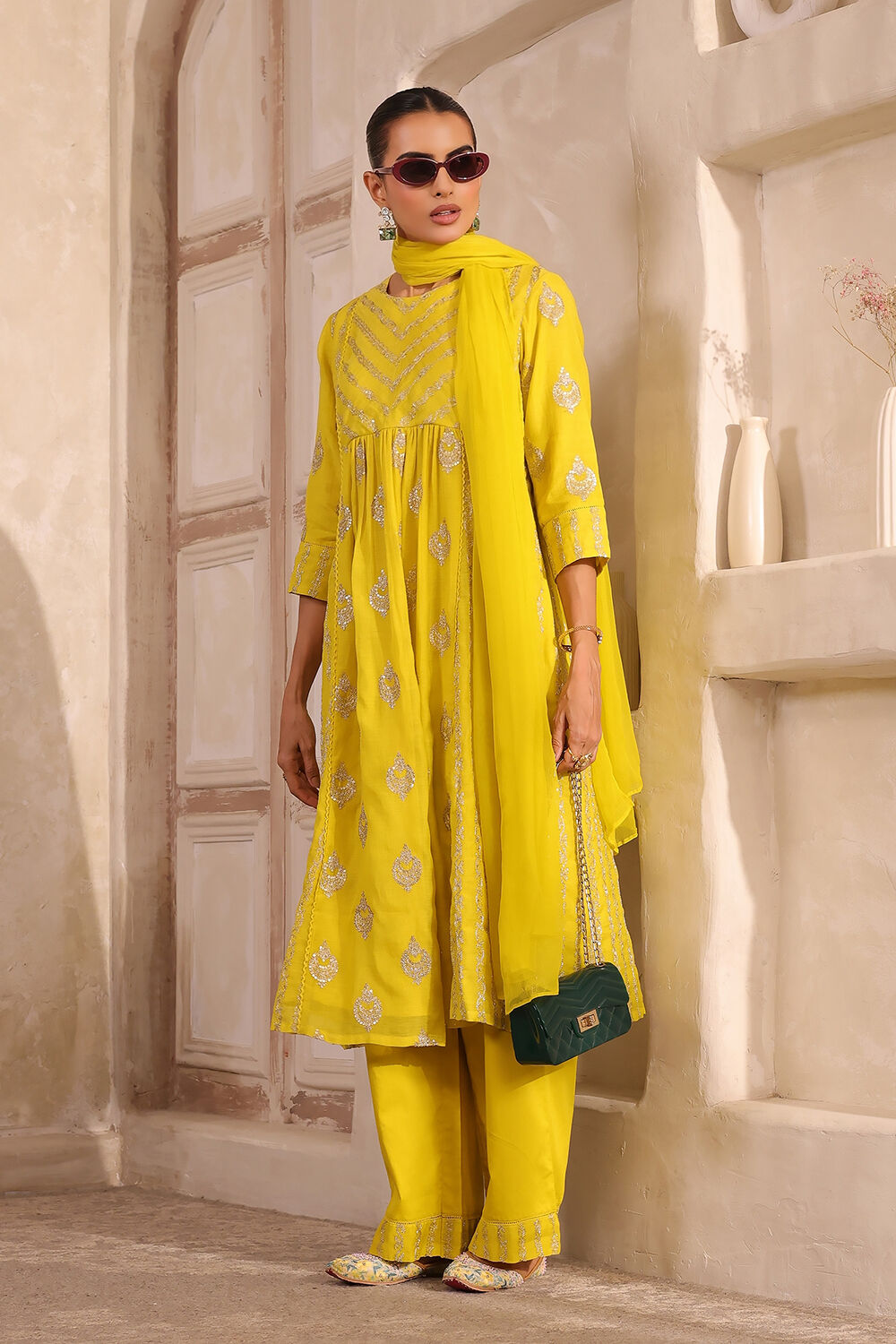 Lime Yellow Chanderi Embroidered Gathered Suit Set image number 3