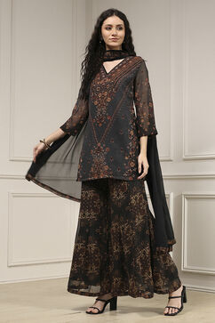 Charcoal Black Polyester Straight Printed Sharara Suit Set image number 3