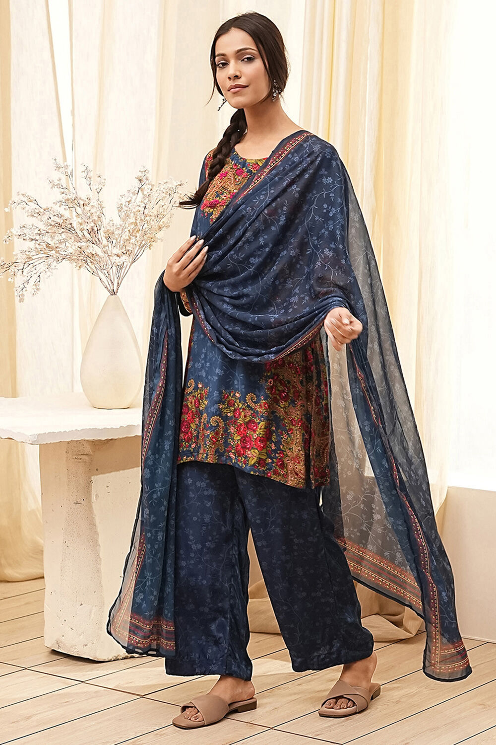 Blue Modal Printed Straight Suit Set image number 3