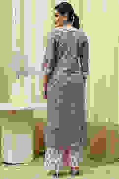 Slate Blue Cotton Hand Block Print Unstitched Suit Set image number 5