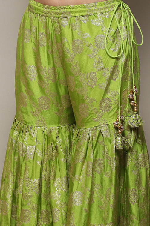 Lime Green Viscose Brocade Straight Kurta Palazzo Suit Set image number 2