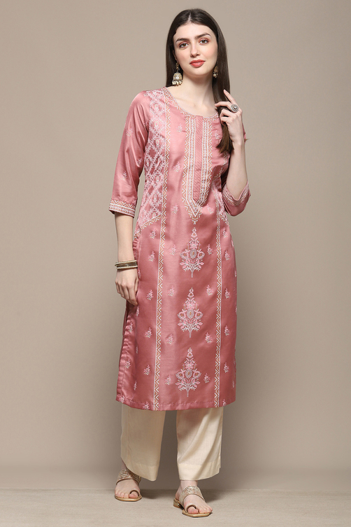 Dusty Pink Printed Straight Kurta image number 0