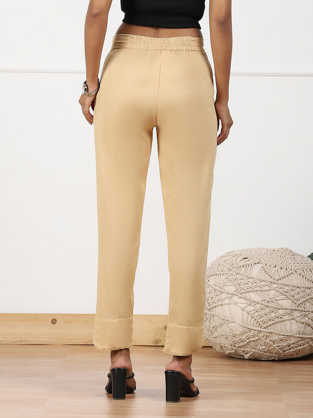 Beige Viscose Lycra Solid Pant image number 5