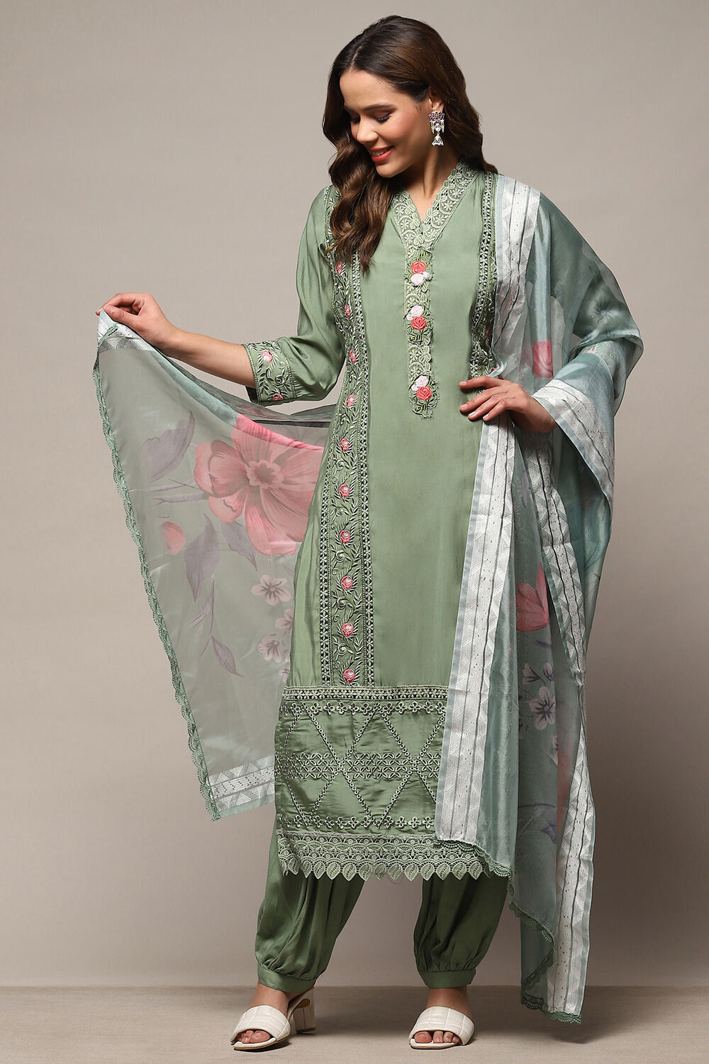 Green Silk Blend Unstitched Suit Set image number 4