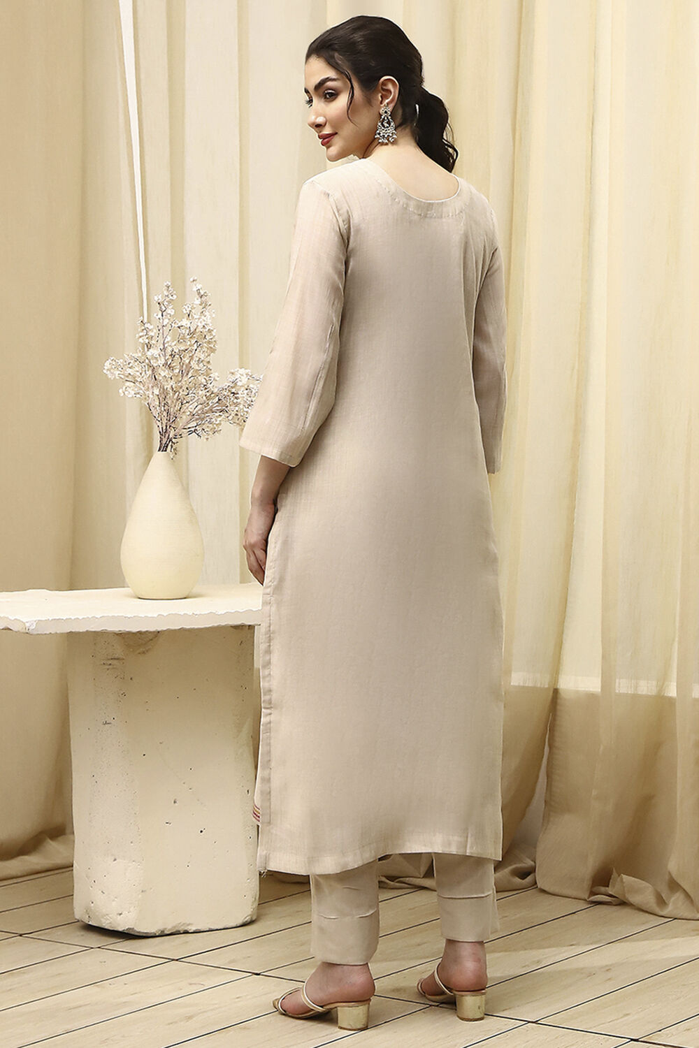 Beige Chanderi Hand Painted Unstitched Suit Set image number 5