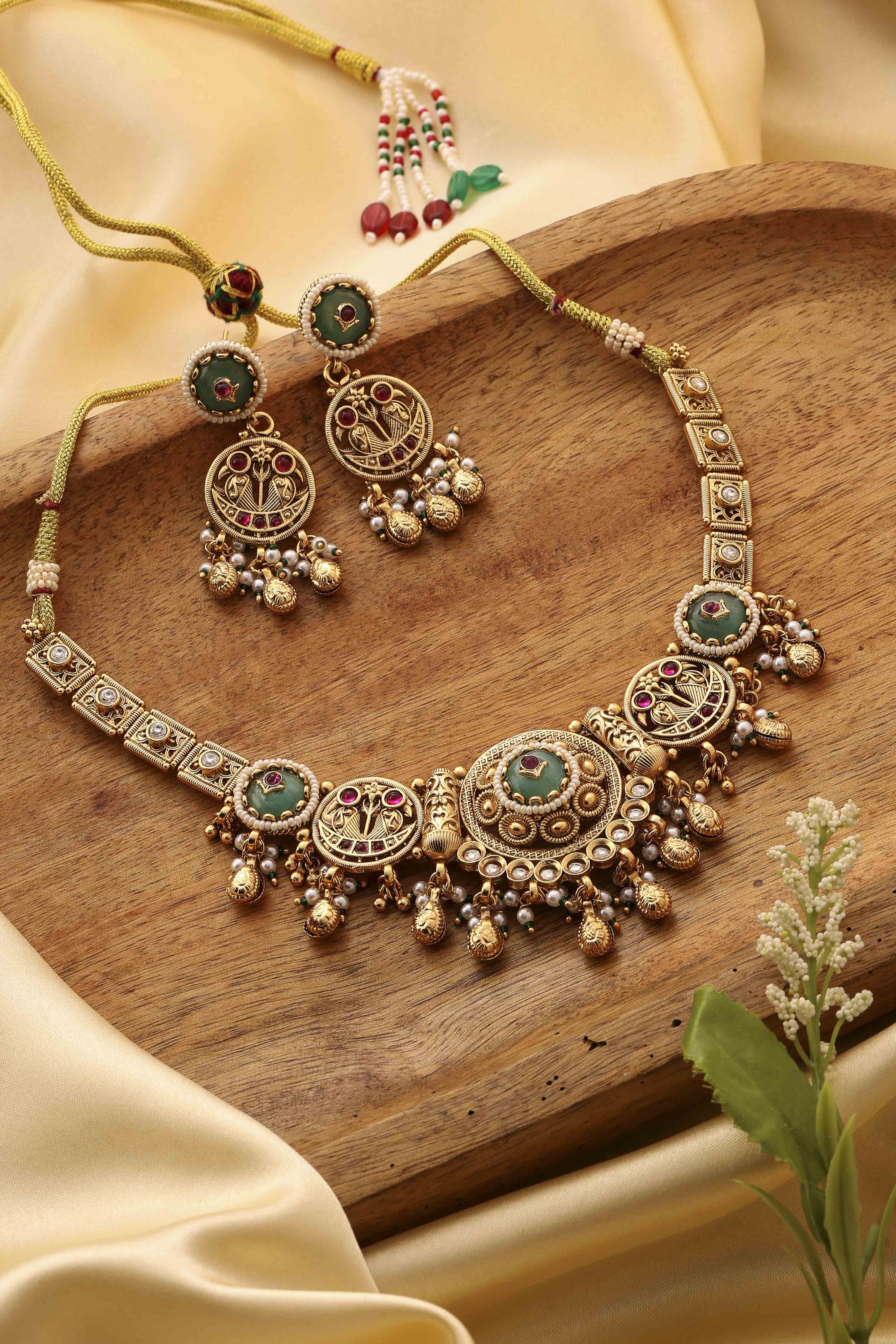 Mint Green Gold-Plated Brass Necklace Set image number 0