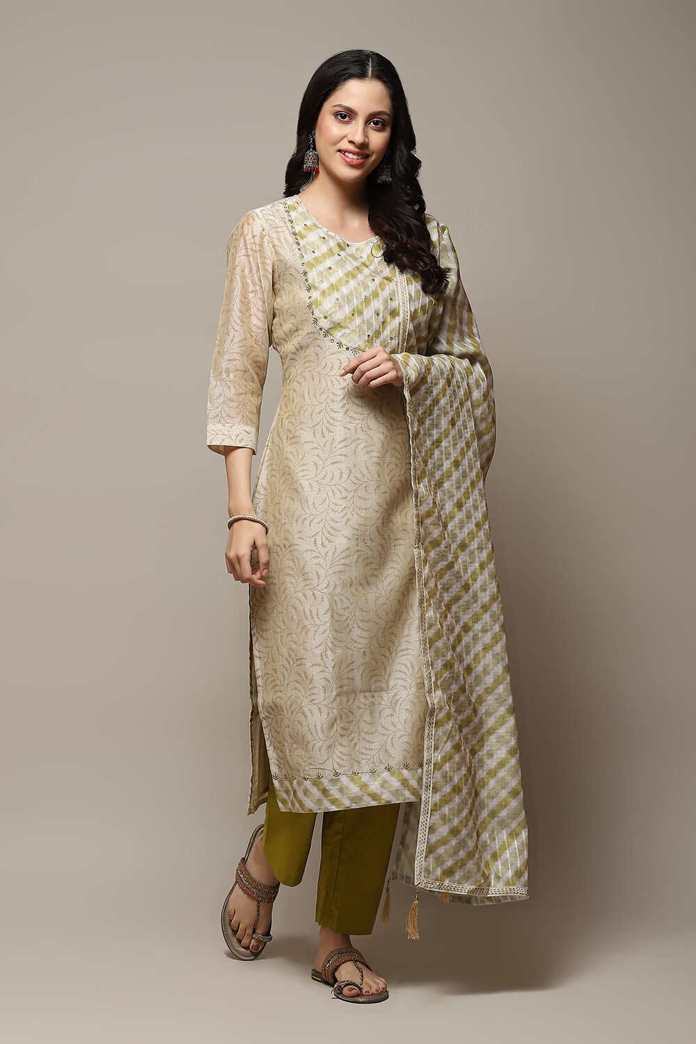 Green Chanderi Blend Printed Unstitched Suit Set image number 7