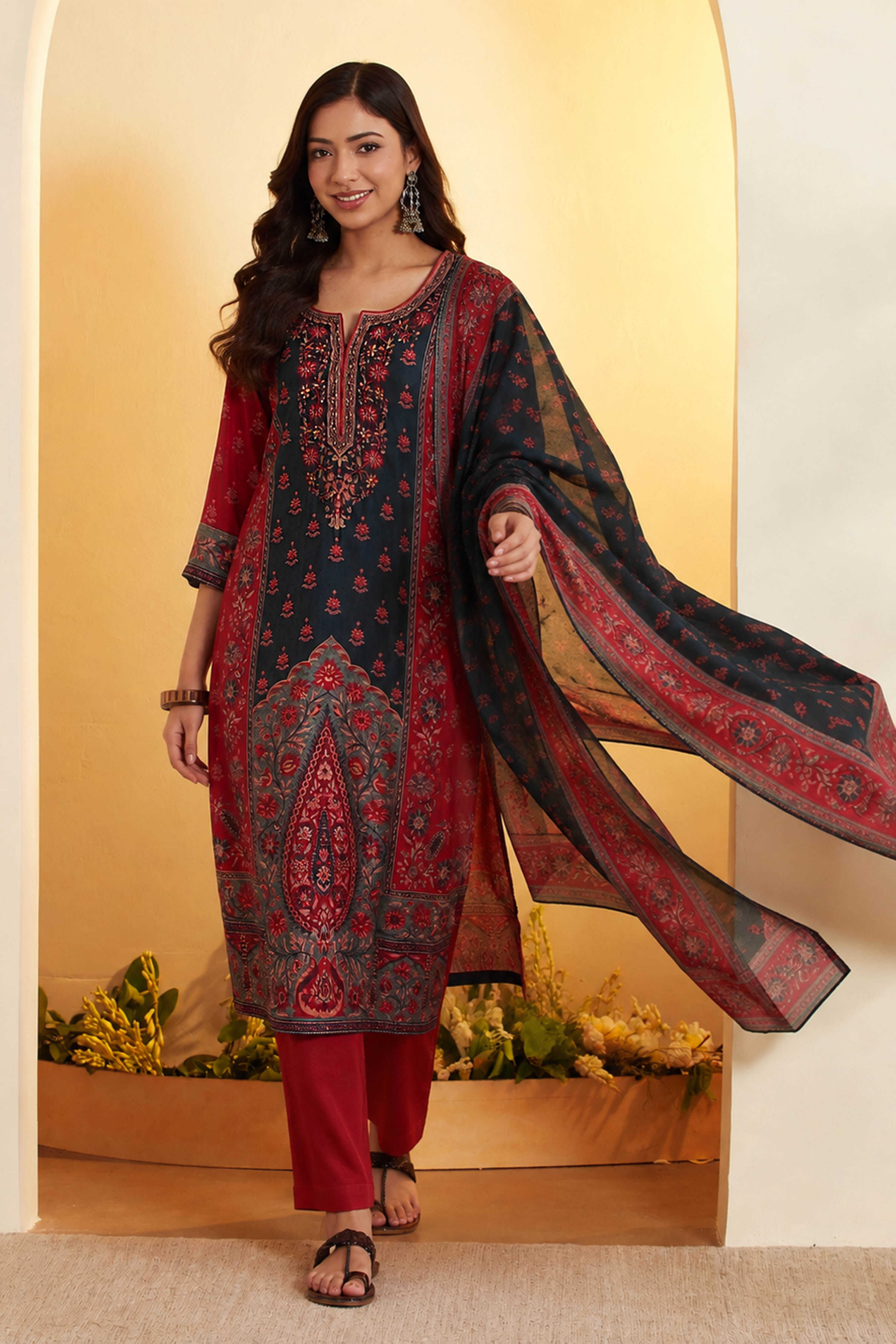 Maroon Cotton Silk Straight Suit Set image number 0