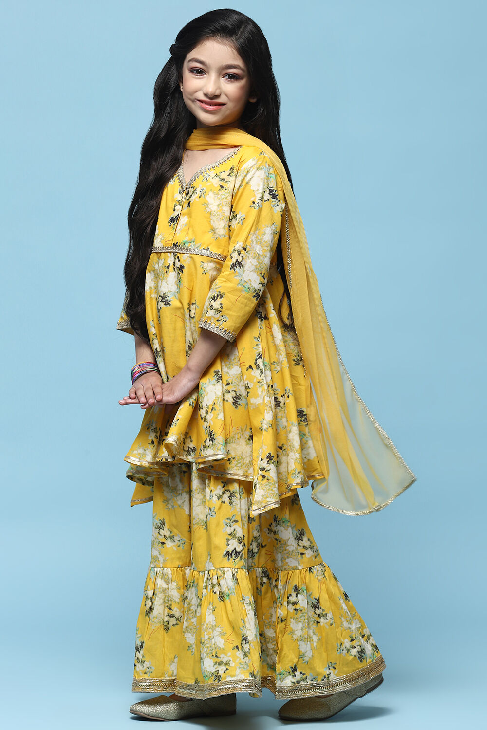 Yellow Floral Cotton Peplum Kurta Garara & Net Dupatta image number 4