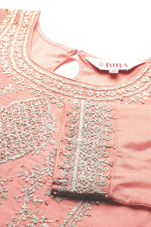 Light Pink Poly Cotton Straight Embroidered Kurta image number 1